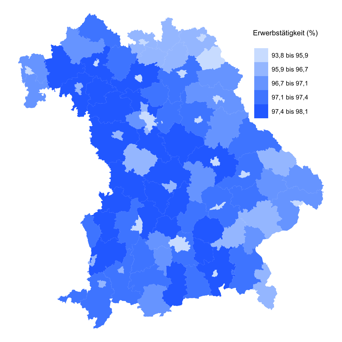 Bayern map with employment by county (2021)
