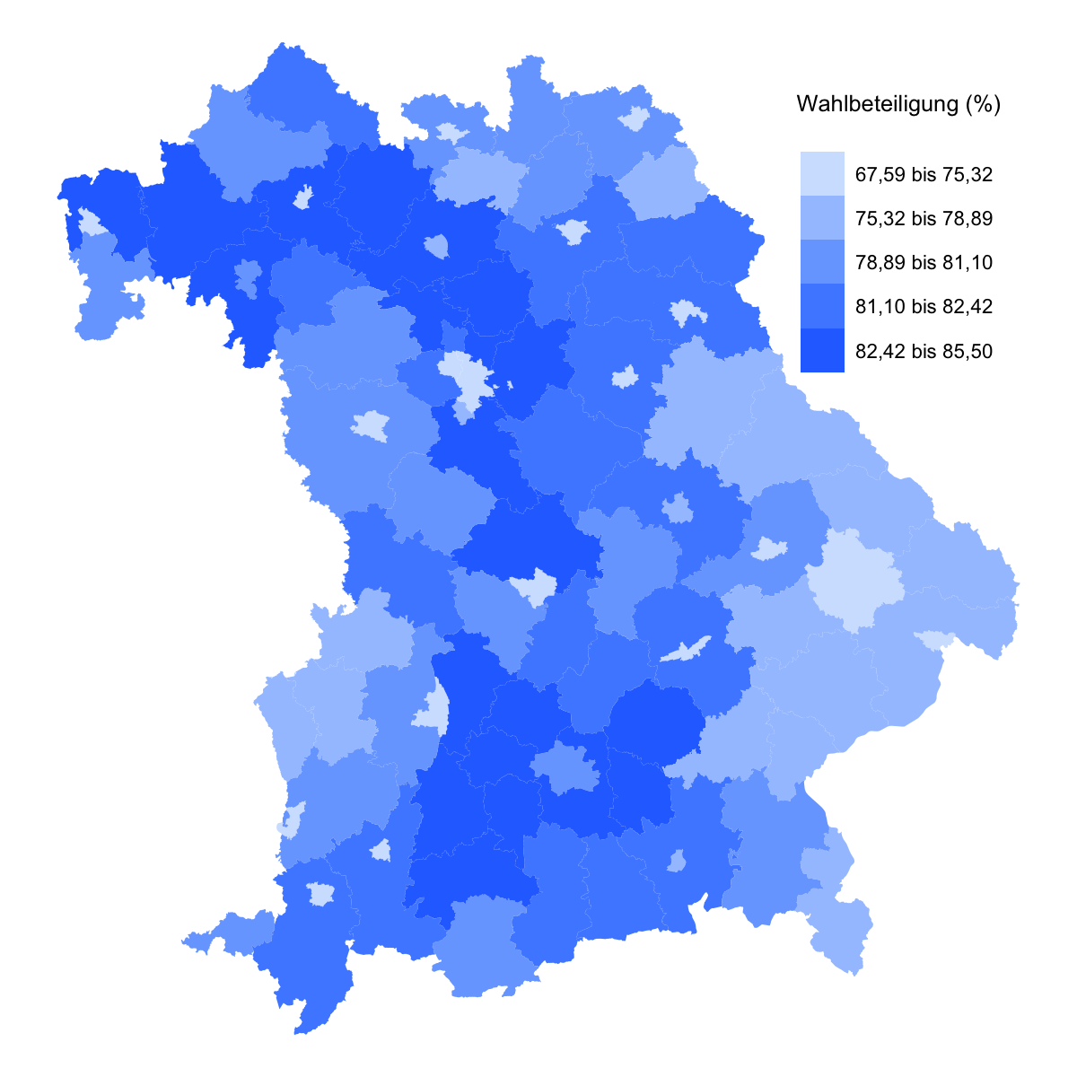 Bayern map with election turnout by county (Bundestagswahl 2021)