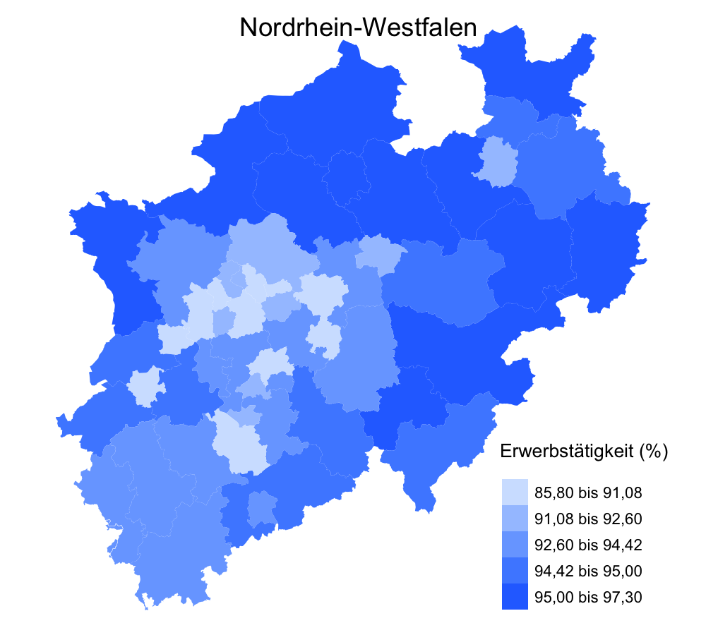 NRW map with employment by county (2022)