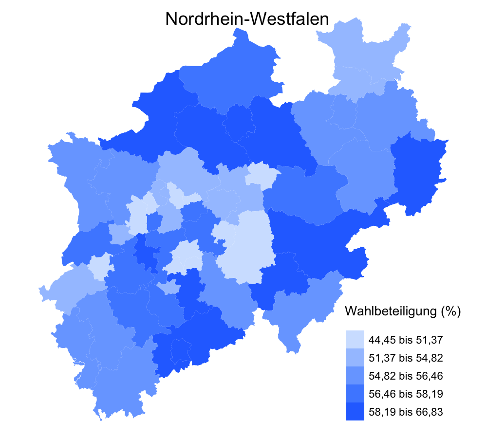 NRW map with election turnout by county (Landtagswahl 2022)